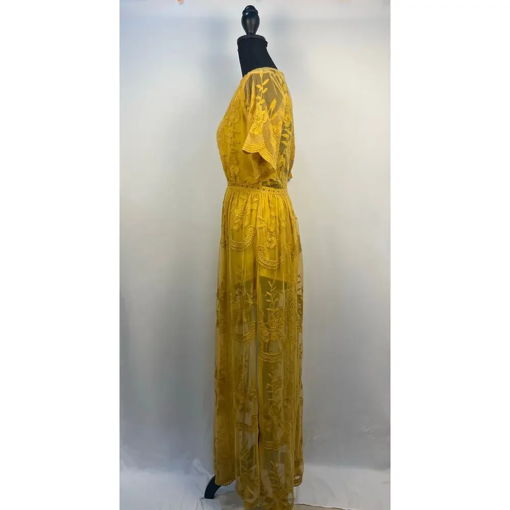 Wild Honey Mustard Yellow Lace Sheer Maxi Romper Size S - Picture 8 of 15